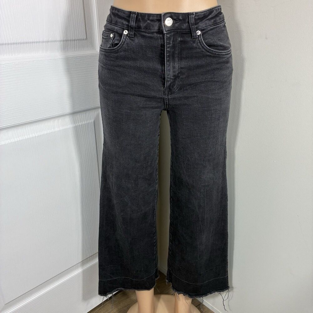 & DENIM Womens Wide Leg  Jeans sz 28 Jupe-Culotte Black Denim  Frayed Hem